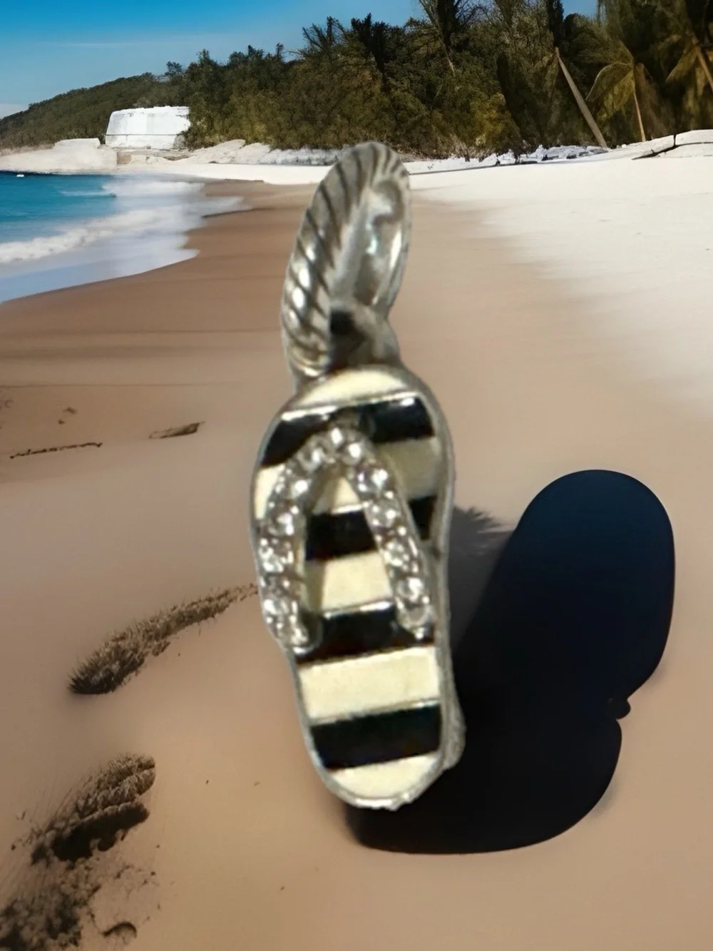 Brighton Flip Flop charm Black & white stripes Crystals Anchors on sole Retired